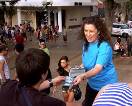 Scientologist Ayelet distributing Truth About Drugs booklets