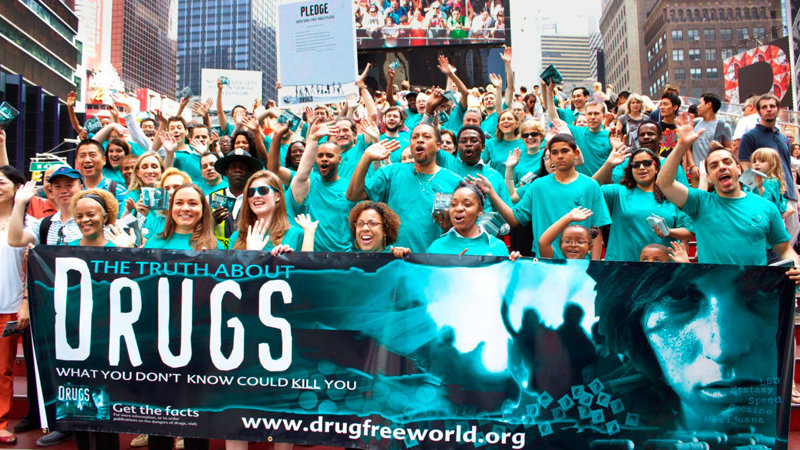 Truth About Drugs volunteers at Times Squared in New York, one block from the Church of Scientology New York