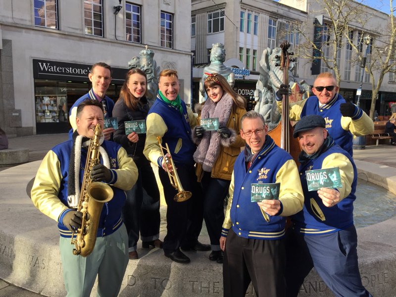 UK’s No. 1 Jive and Swing Band, the Jive Aces, and the Duettes, perform in the heart of Portsmouth to promote drug-free living.