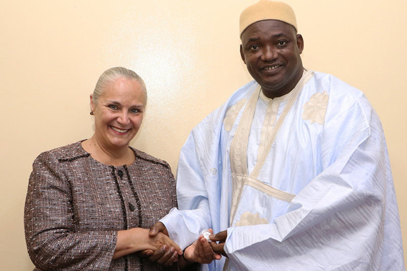 Youth for Human Rights President Dr. Mary Shuttleworth welcomed to the country by The Gambia President Adama Barrow