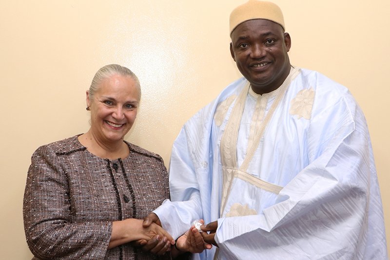 The Gambia President Mr. Adama Barrow and Youth for Human Rights president Dr. Mary Shuttleworth meet to discuss the importance of human rights education to reinforce the reforms of his administration.