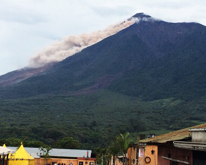 Bright yellow tent of the Scientology Volunteer Ministers, where a large refugee camp has been established just beyond the immediate disaster zone of the Fuego volcano.