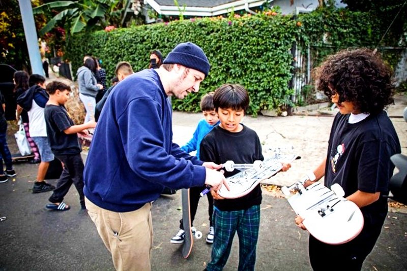Skateboarding legend Steve Berra donated skate boards and shoes to the kids at the toy giveaway organized by the Church of Scientology Celebrity Centre in Hollywood.