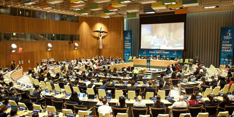 For 15 years, Youth for Human Rights has held an annual Human Rights Summit. Shown here is the 14th annual Summit at the United Nations in New York in August 2017.