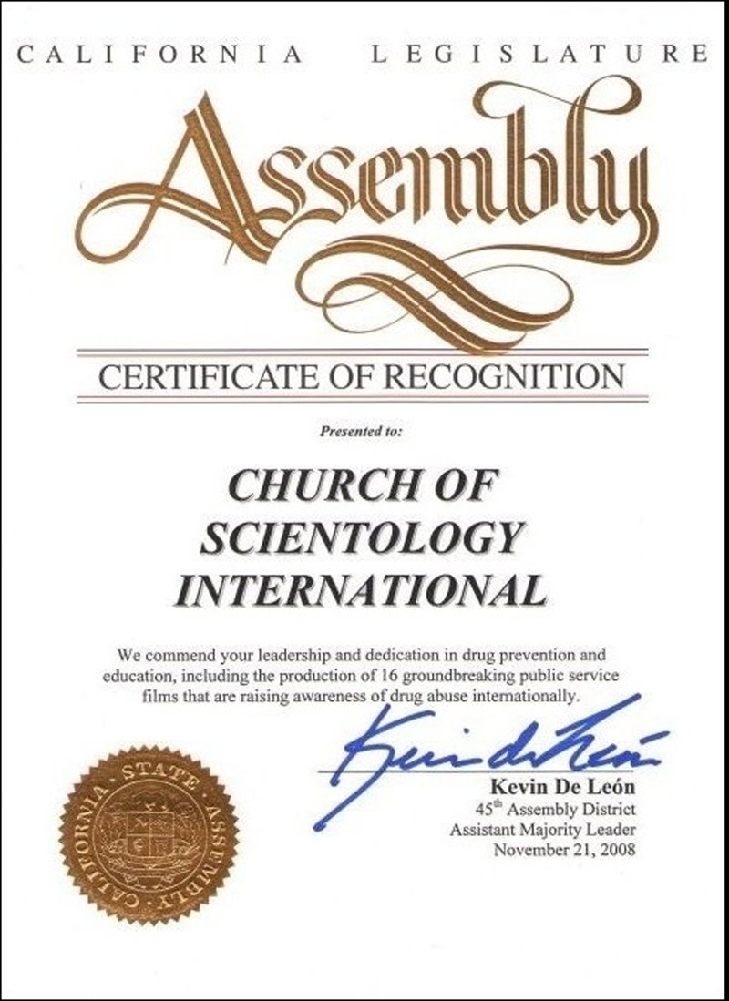 The Church of Scientology International has been awarded a Certificate of Recognition by California State Assemblyman