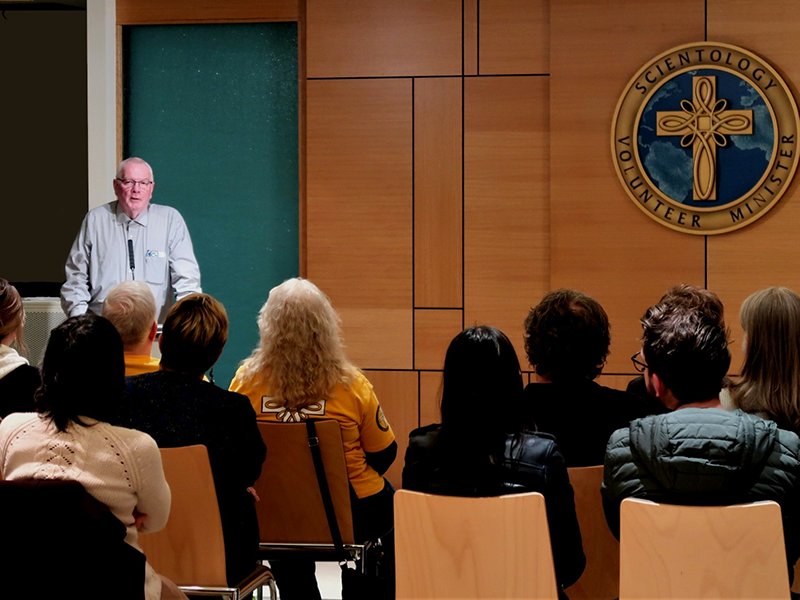 Marty Grisham, president of Washington Voluntary Organizations Active in Disaster, at a disaster response open house at the Seattle Church of Scientology, held for World Civil Defense Day