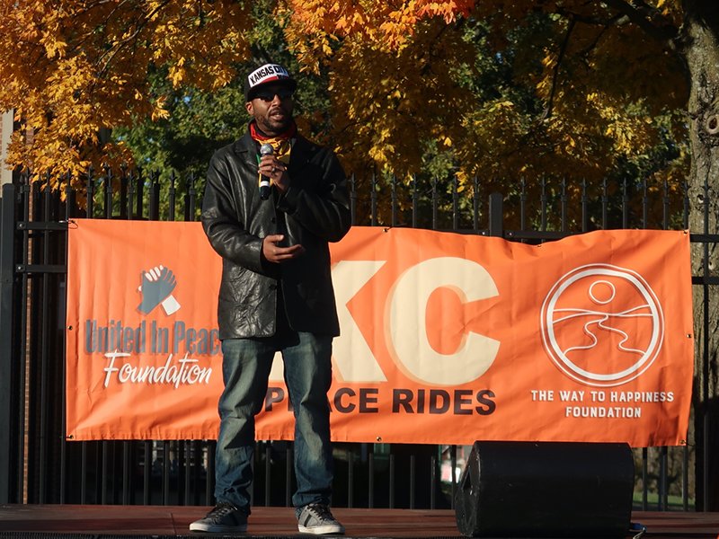 Councilman Brandon Ellington, 3rd District at-Large for Kansas City addresses the crowd to kick off the Peace Ride.